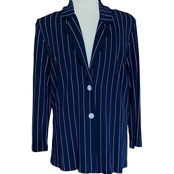 Vintage Pinstripe Blazer Navy Blue Longline Menswear Style Size XL - Picture 1 of 8